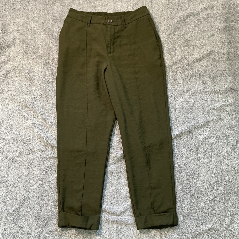 A New Day Womens Olive Green High Rise Cuffed Ankle Pants Size 12 Elastic Waist